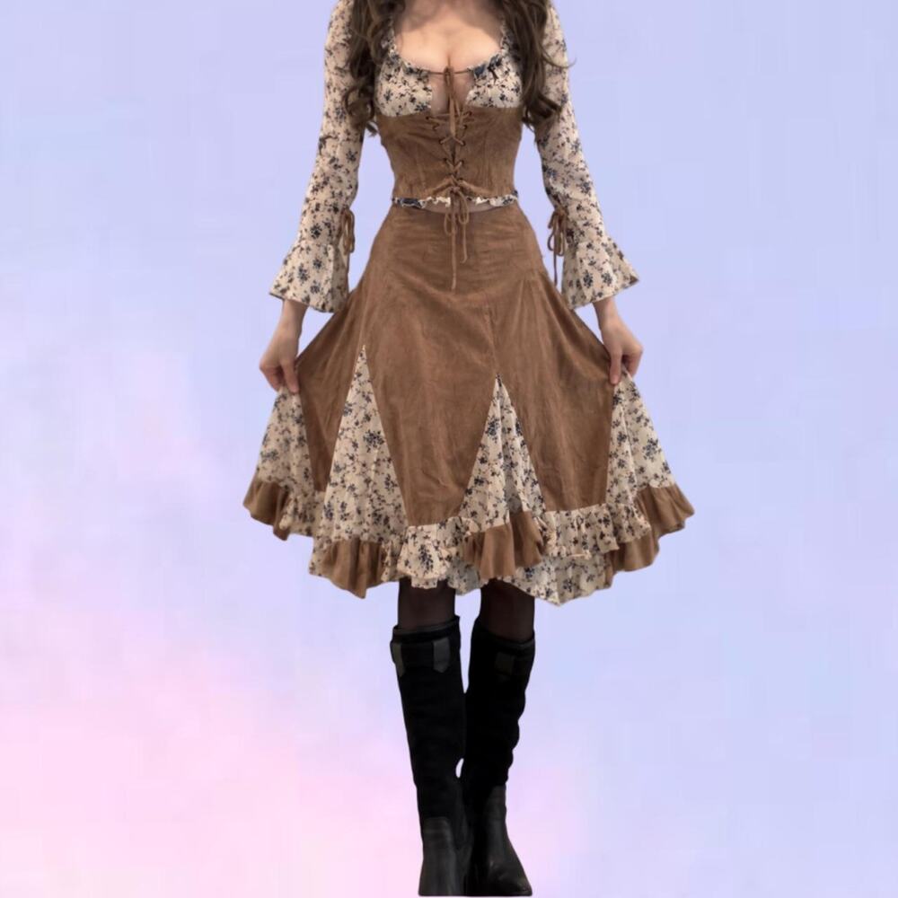Vintage 90s y2k fairycore floral boho corset skirt set